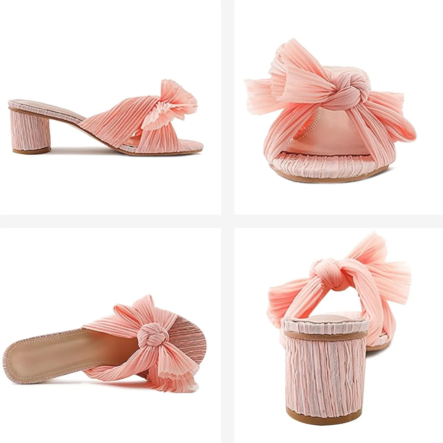 MICIFA Women's Bow Heeled Sandals Slip On Open Toe Block Chunky Heel Sandals Bride Wedding Dress Shoes