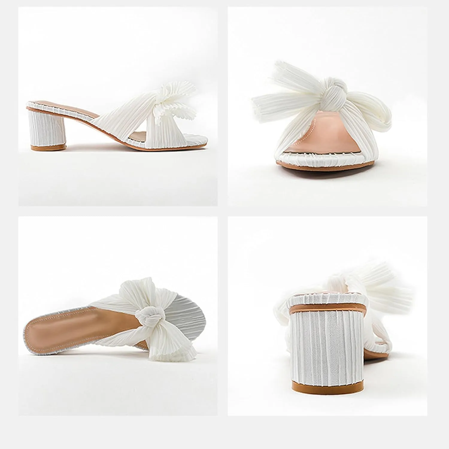 MICIFA Women's Bow Heeled Sandals Slip On Open Toe Block Chunky Heel Sandals Bride Wedding Dress Shoes