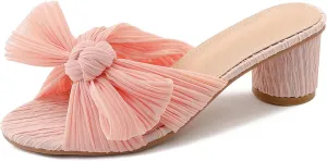 MICIFA Women's Bow Heeled Sandals Slip On Open Toe Block Chunky Heel Sandals Bride Wedding Dress Shoes