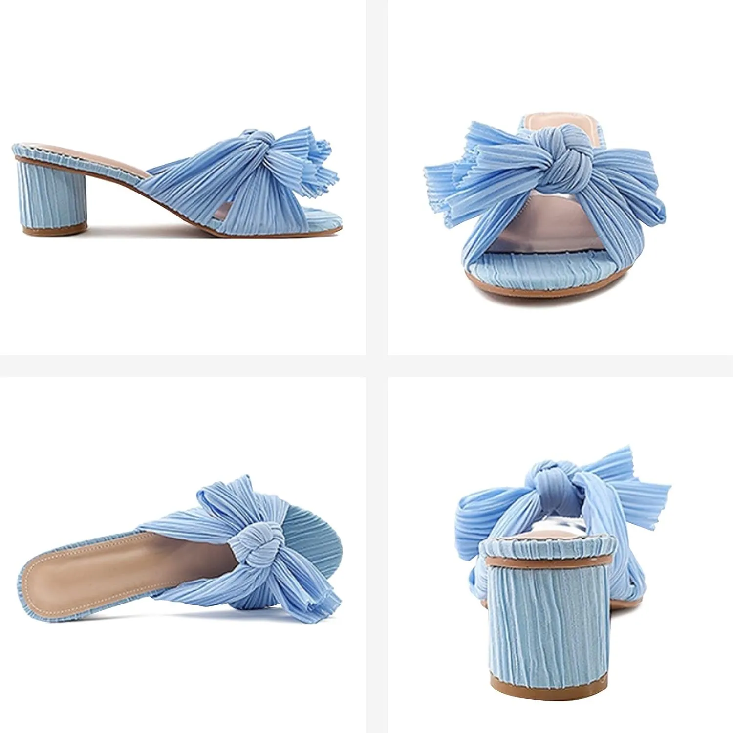 MICIFA Women's Bow Heeled Sandals Slip On Open Toe Block Chunky Heel Sandals Bride Wedding Dress Shoes