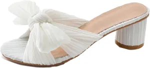 MICIFA Women's Bow Heeled Sandals Slip On Open Toe Block Chunky Heel Sandals Bride Wedding Dress Shoes