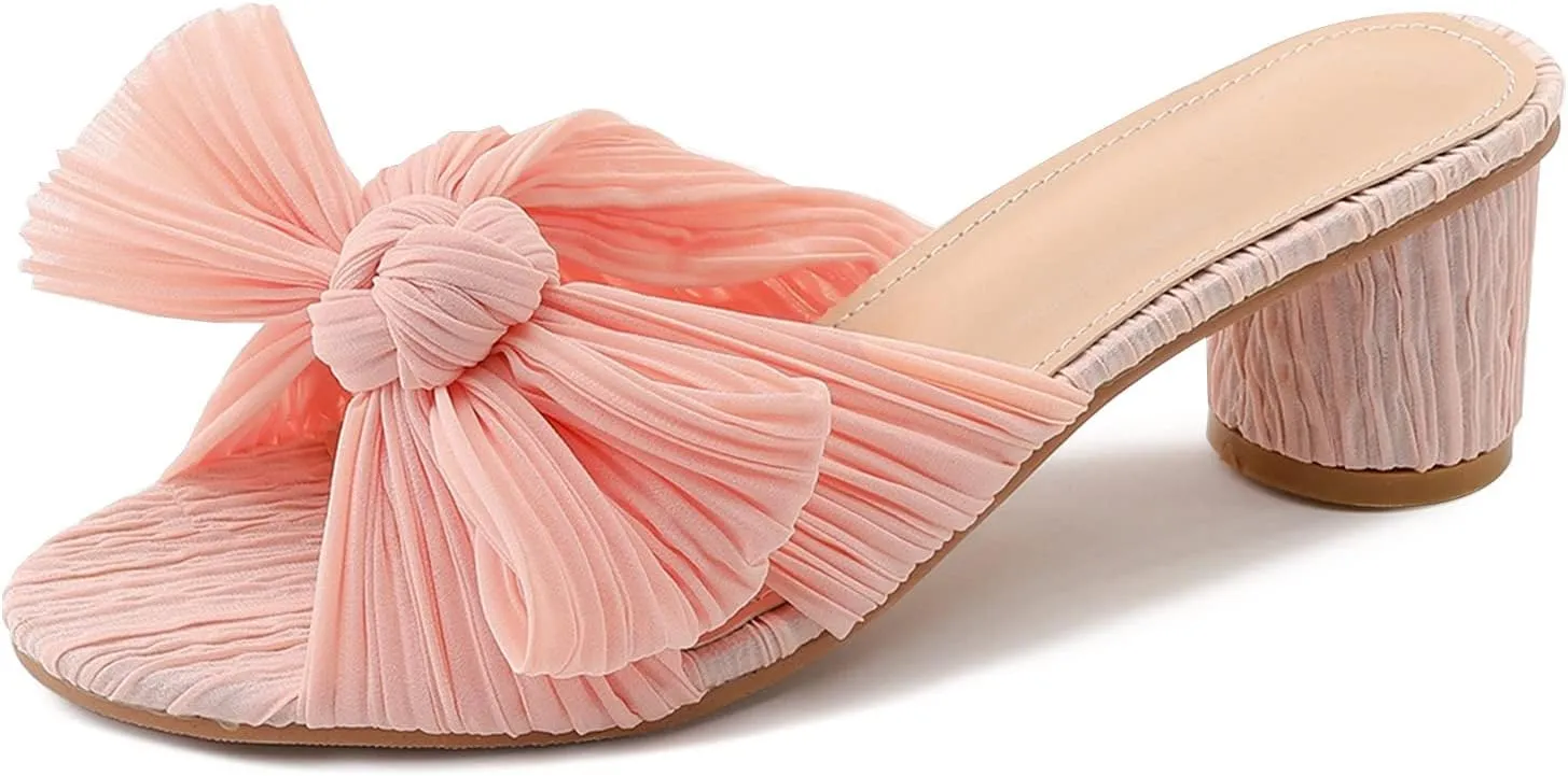 MICIFA Women's Bow Heeled Sandals Slip On Open Toe Block Chunky Heel Sandals Bride Wedding Dress Shoes