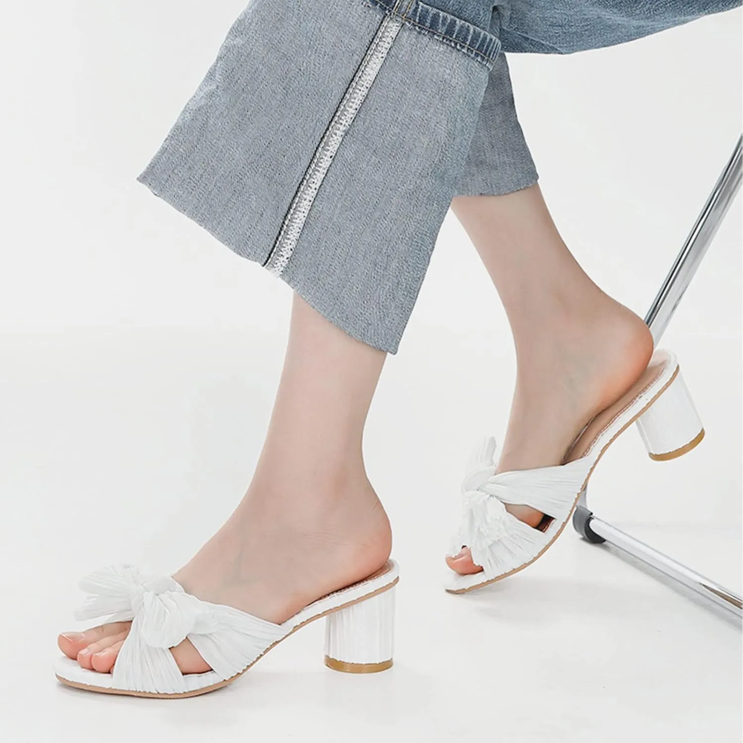 MICIFA Women's Bow Heeled Sandals Slip On Open Toe Block Chunky Heel Sandals Bride Wedding Dress Shoes