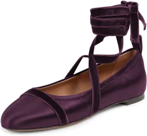 miss left Women Lovely Closed Round Toe Satin Ballet Flats Strappy Ankle Strap Comfy Party Dating Dressy Shoes Size 4-16 US