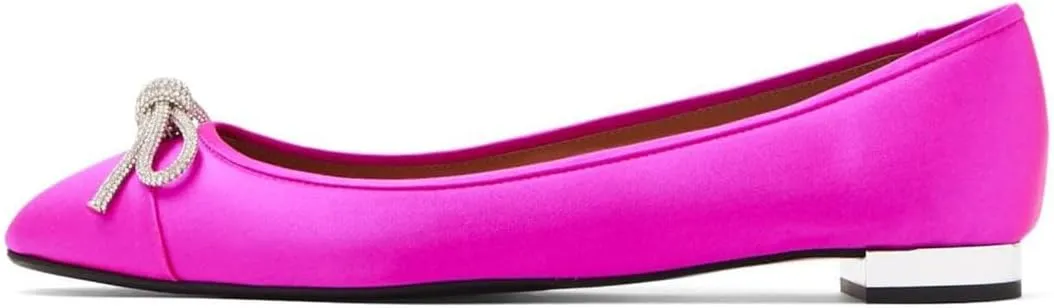 miss left Women Rhinestone Bows Ballet Flats Closed Rounded Toe Slip On Low Thick Heels Comfy Dance Walking Satin Shoes Size 4-16 US