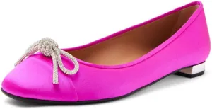 miss left Women Rhinestone Bows Ballet Flats Closed Rounded Toe Slip On Low Thick Heels Comfy Dance Walking Satin Shoes Size 4-16 US
