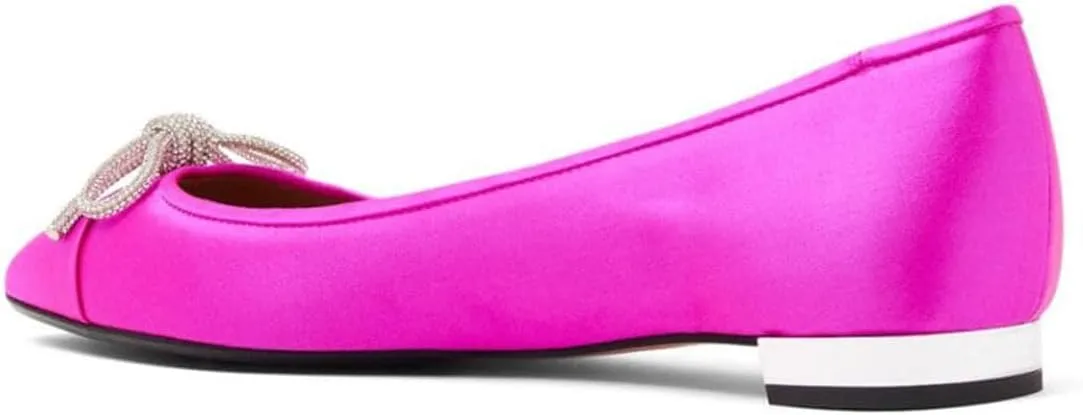 miss left Women Rhinestone Bows Ballet Flats Closed Rounded Toe Slip On Low Thick Heels Comfy Dance Walking Satin Shoes Size 4-16 US