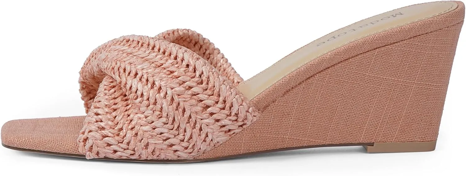 Modatope Wedge Sandals for Women Braided Wedge Heels Square Open Toe Raffia Dressy Womens Sandals