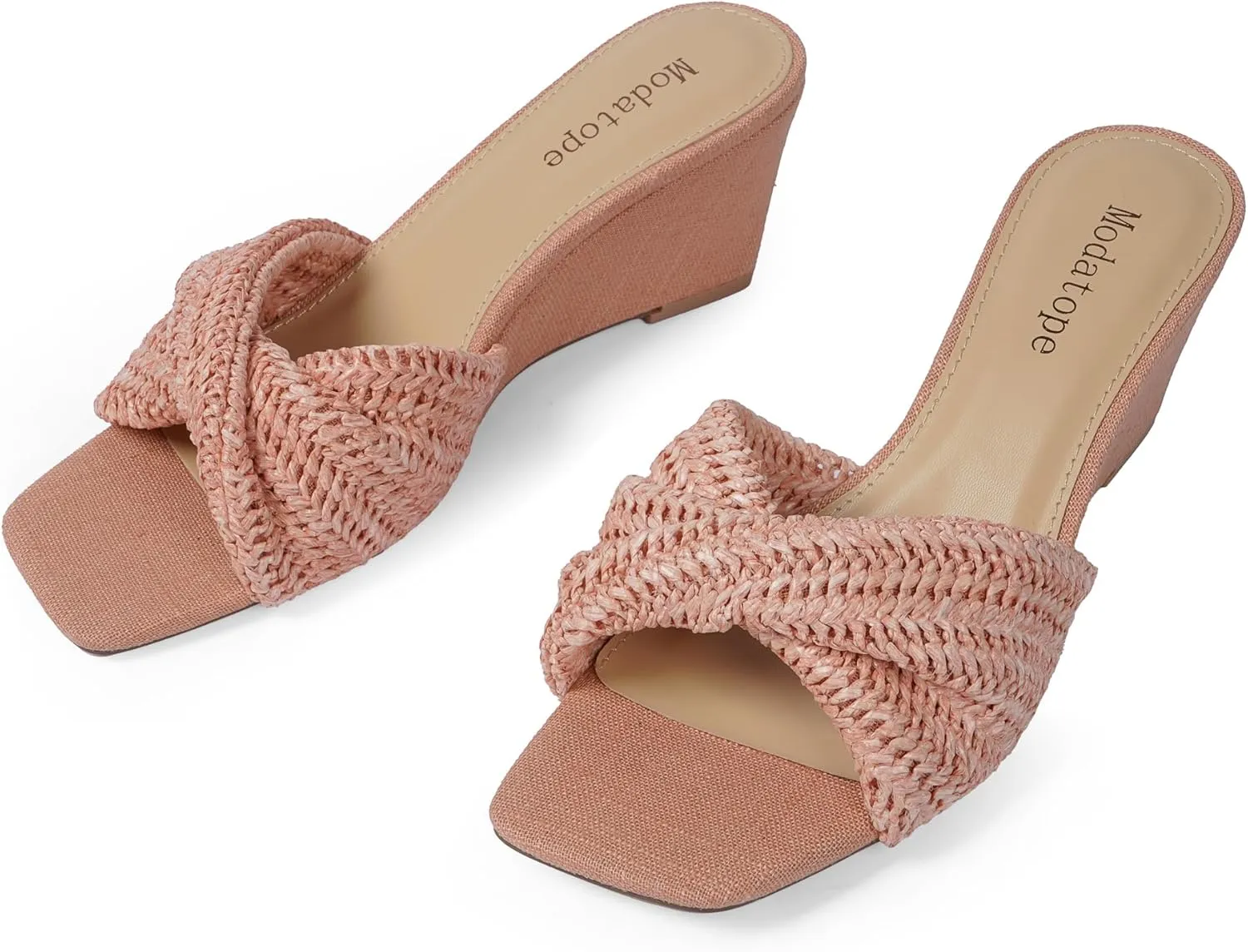 Modatope Wedge Sandals for Women Braided Wedge Heels Square Open Toe Raffia Dressy Womens Sandals