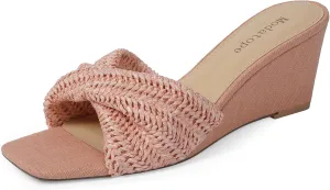 Modatope Wedge Sandals for Women Braided Wedge Heels Square Open Toe Raffia Dressy Womens Sandals