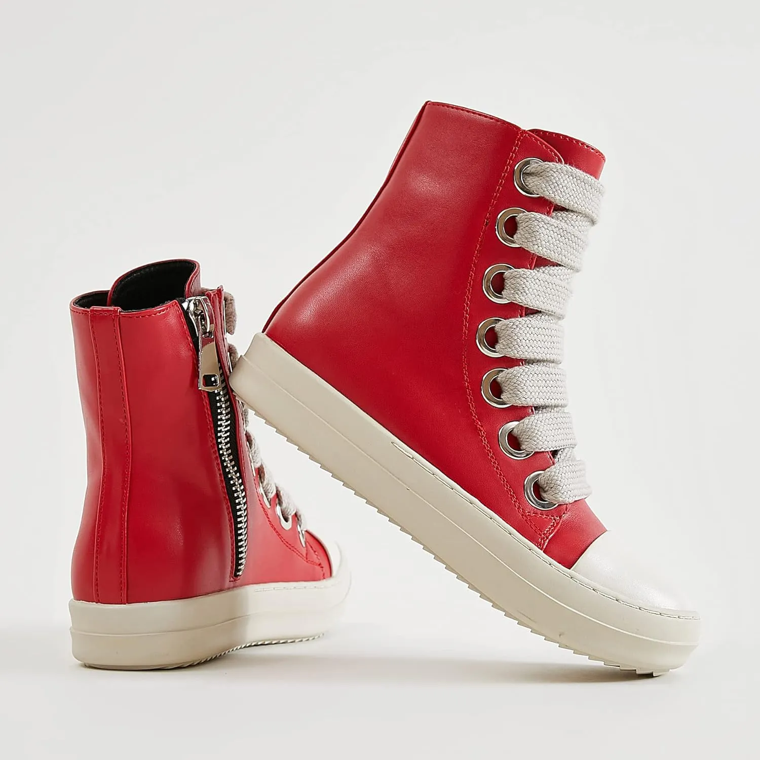 MOFEEDOUKA Womens High Top Sneakers Thick Shoe Laces PU Leather Comfort Platform Walking Shoes with Zipper