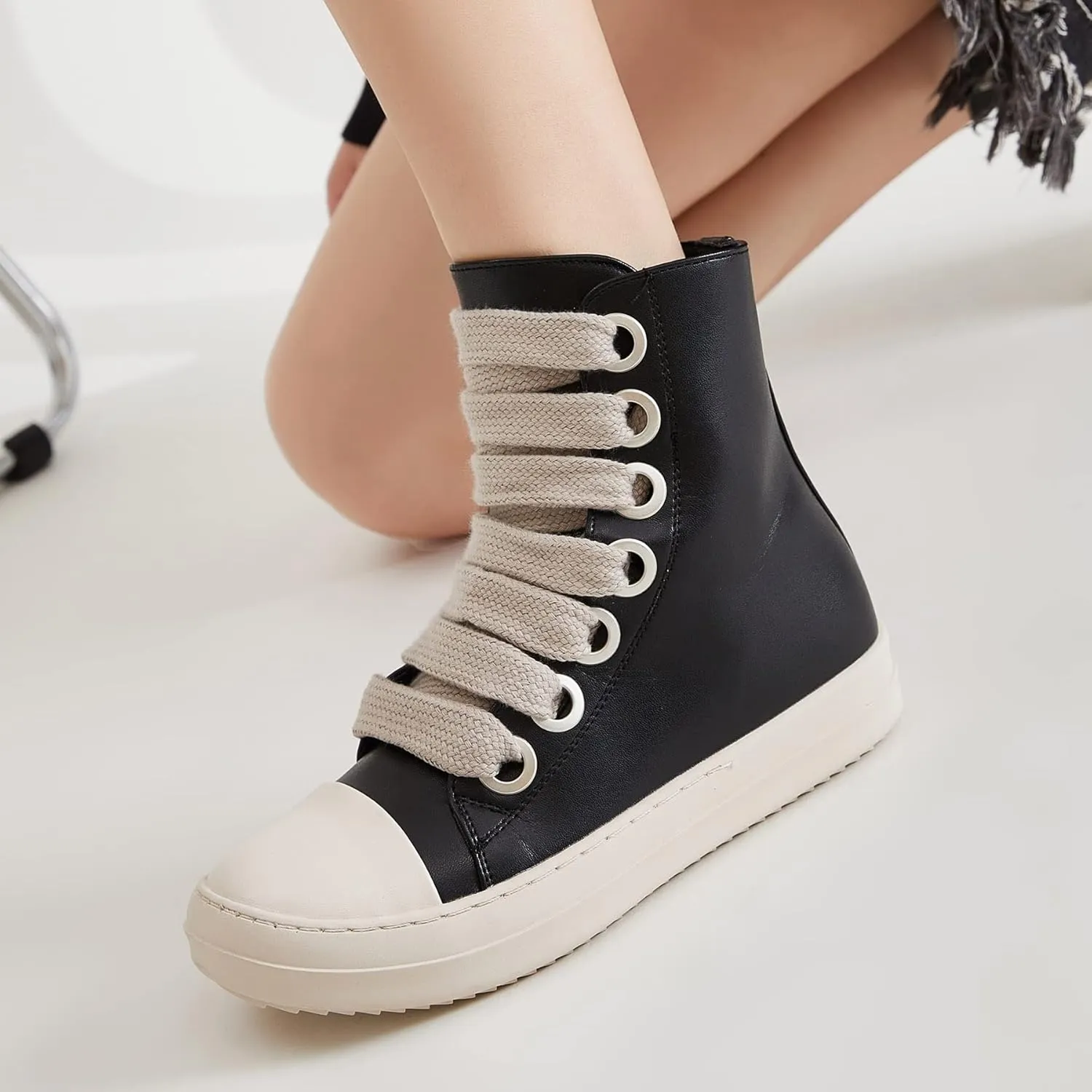 MOFEEDOUKA Womens High Top Sneakers Thick Shoe Laces PU Leather Comfort Platform Walking Shoes with Zipper