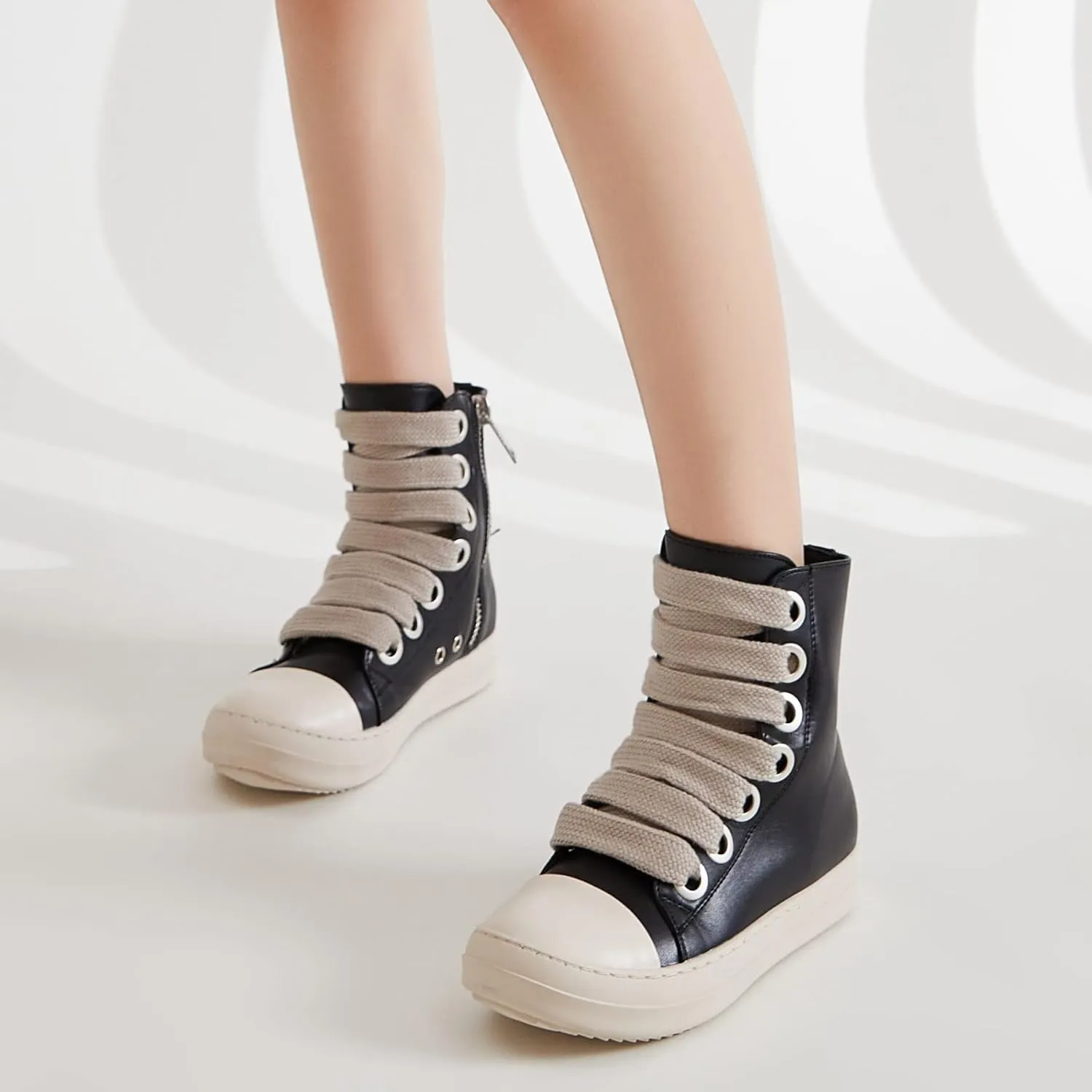MOFEEDOUKA Womens High Top Sneakers Thick Shoe Laces PU Leather Comfort Platform Walking Shoes with Zipper