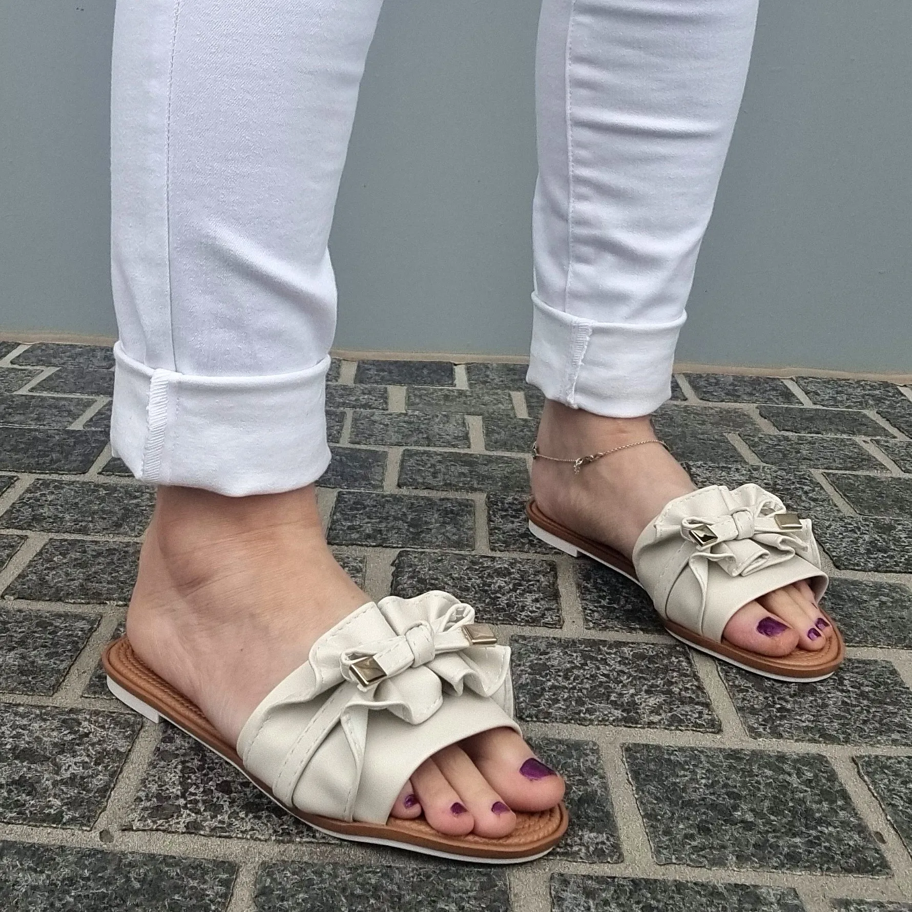 Moleca 5297-446 Ruffled Slip-on Sandal in Off White
