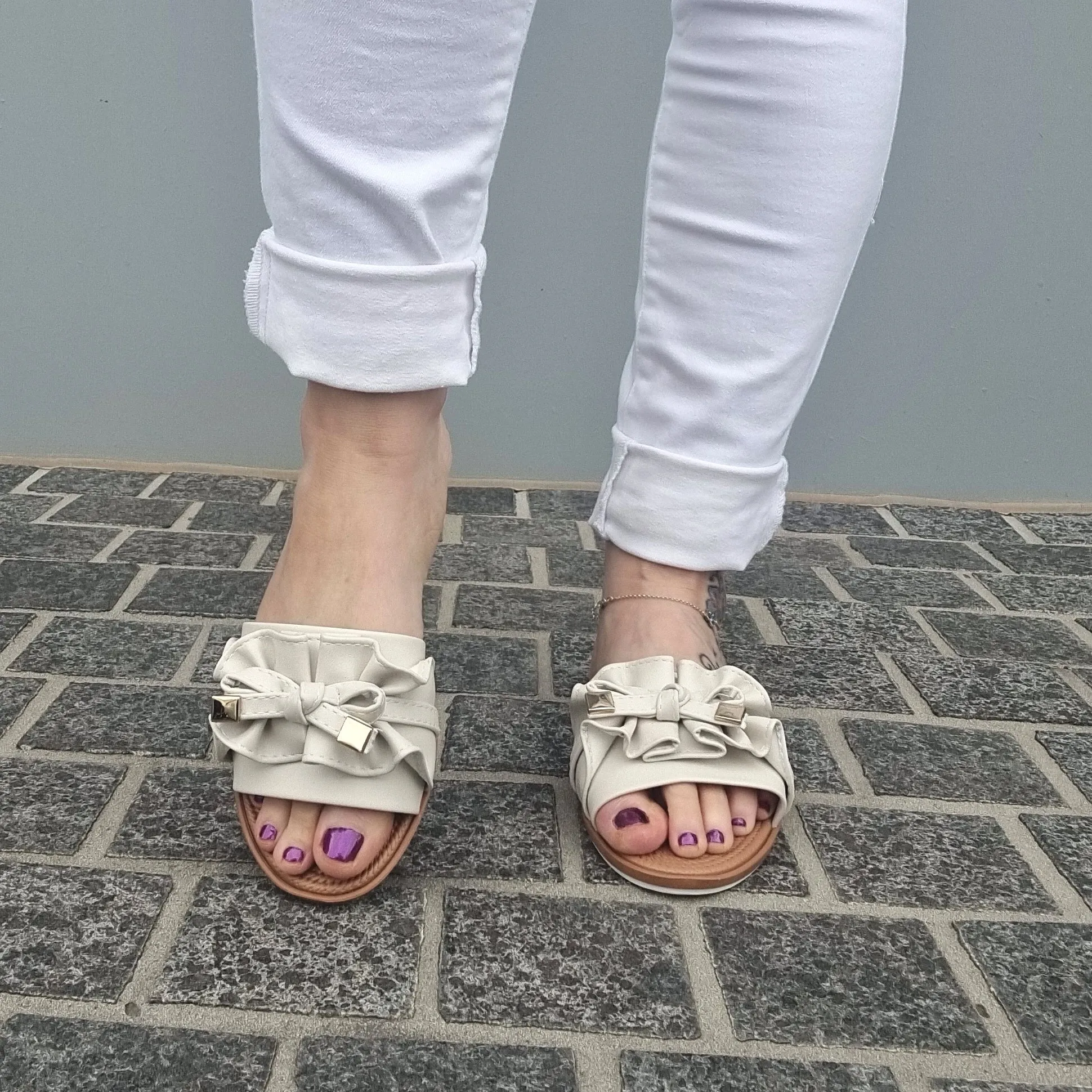Moleca 5297-446 Ruffled Slip-on Sandal in Off White