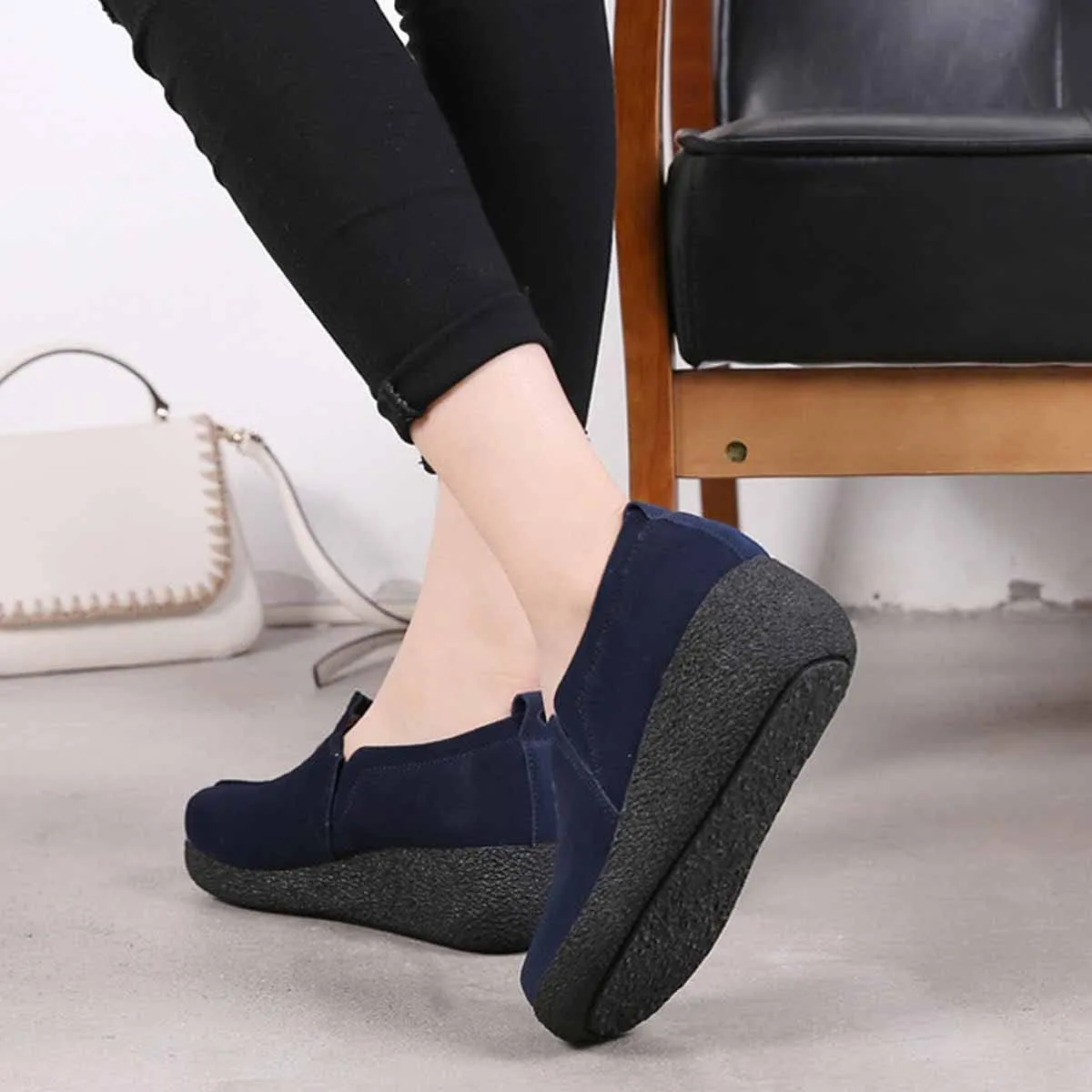 MSYINGL Womens Platform Slip On Loafers,Comfort Suede Moccasins Wide Low Top Wedge Walking Shoes