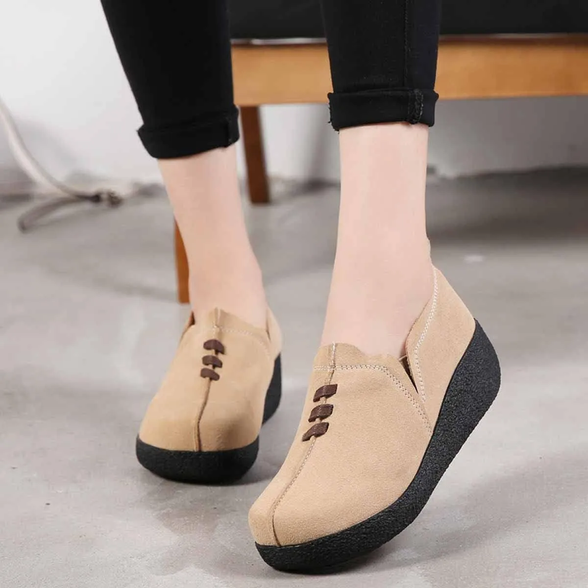 MSYINGL Womens Platform Slip On Loafers,Comfort Suede Moccasins Wide Low Top Wedge Walking Shoes