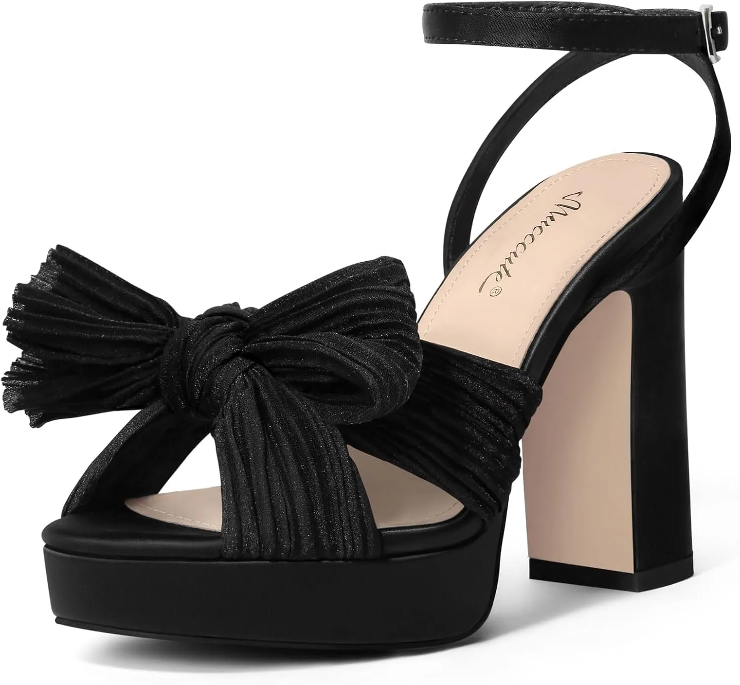MUCCCUTE Bow Heels for Women Chunky Platform Heels with Ankle Strap Open Toe Heeled Sandals Bridal Wedding Dressy Shoes