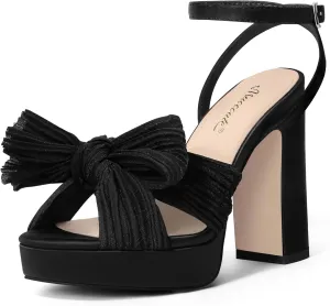 MUCCCUTE Bow Heels for Women Chunky Platform Heels with Ankle Strap Open Toe Heeled Sandals Bridal Wedding Dressy Shoes