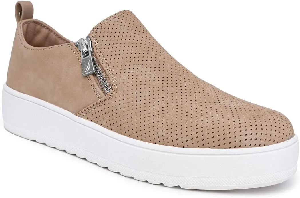 Nautica Women's Slip-On Fashion Sneakers with Side Zipper – Comfortable Low-Top Walking Shoes for Casual Everyday Wear