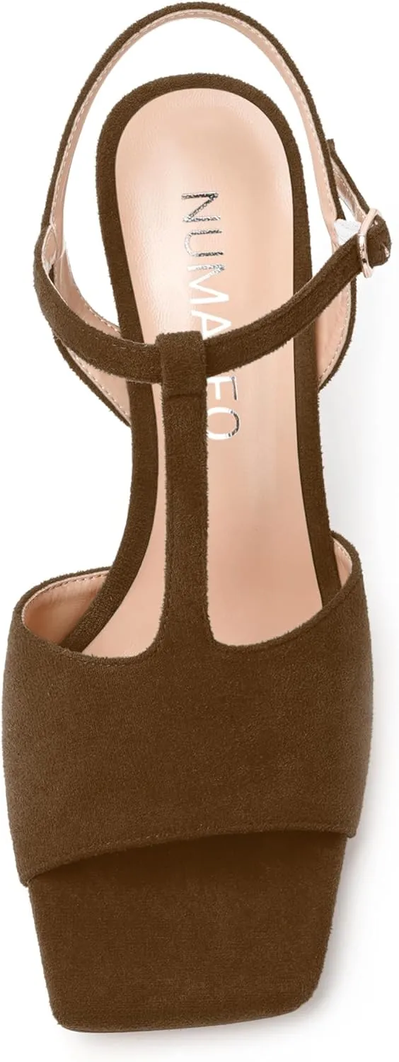 NUMALEO Womens Dress Suede Buckle Wedding Open Toe Ankle Strap T Strap Comfortable Stiletto High Heel Heeled Sandals 3.3 Inch