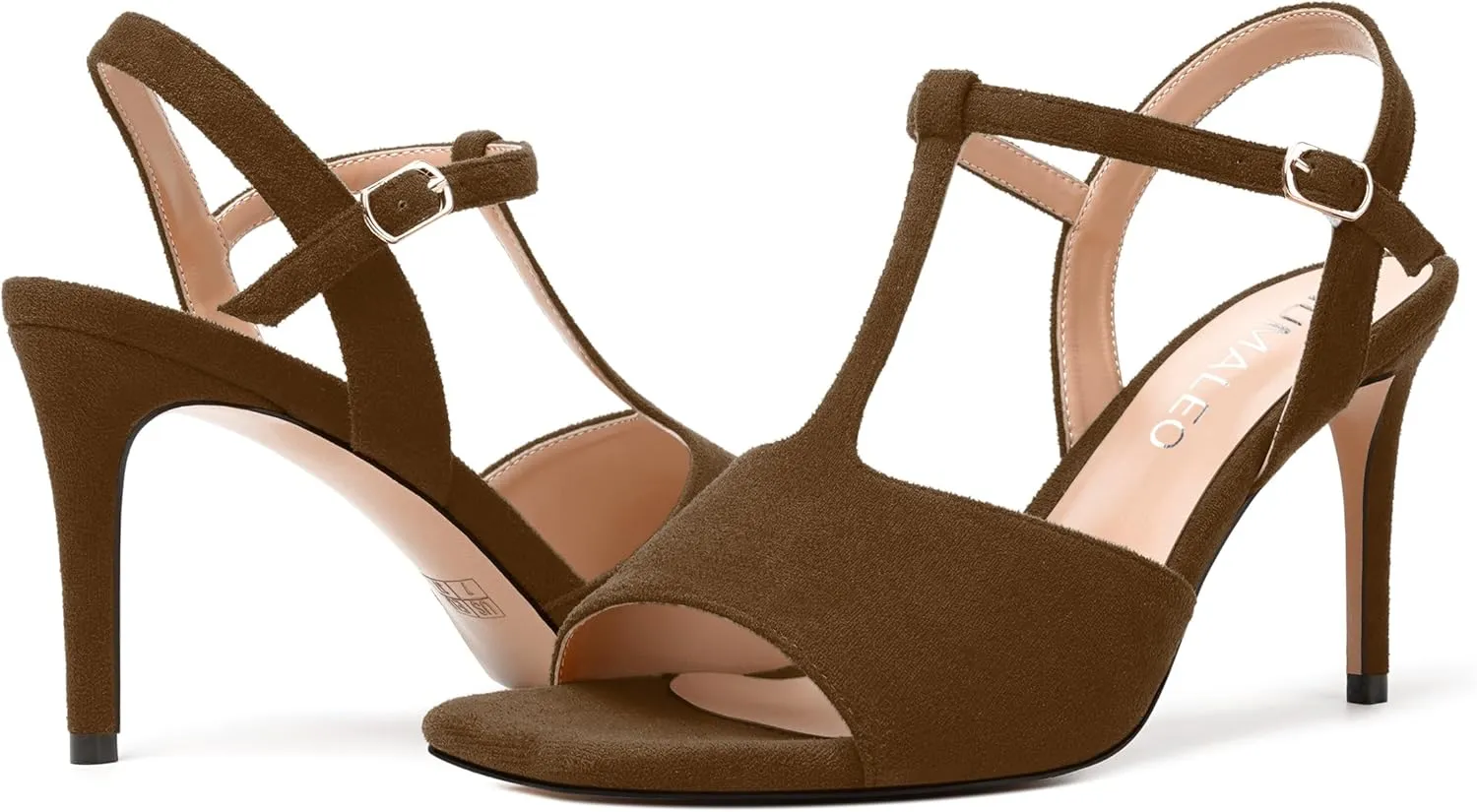 NUMALEO Womens Dress Suede Buckle Wedding Open Toe Ankle Strap T Strap Comfortable Stiletto High Heel Heeled Sandals 3.3 Inch