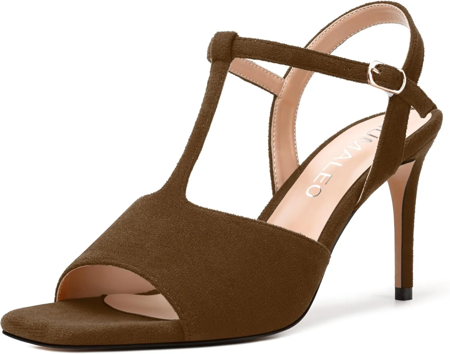 NUMALEO Womens Dress Suede Buckle Wedding Open Toe Ankle Strap T Strap Comfortable Stiletto High Heel Heeled Sandals 3.3 Inch