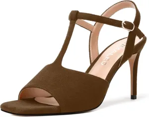 NUMALEO Womens Dress Suede Buckle Wedding Open Toe Ankle Strap T Strap Comfortable Stiletto High Heel Heeled Sandals 3.3 Inch