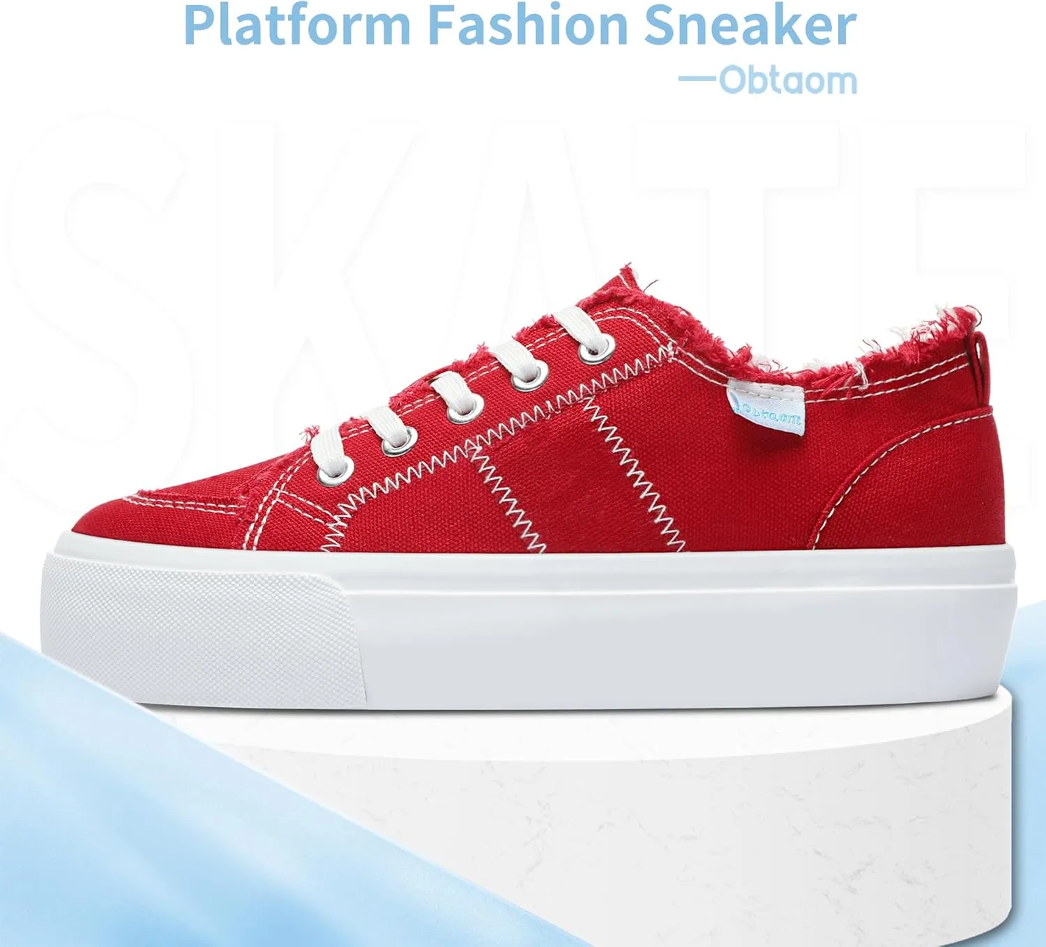 Obtaom Women Platform Canvas Sneakers White Comfort Play Fashion Sneakers Casual Lift Platform Lace Up Shoes Cute Low Top Walking Shoes for Lady