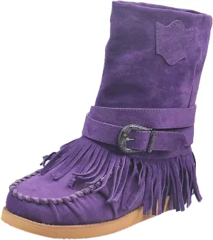 oiangi Tassel Boots for Women Fashion Suede Winter Round Toe Strap buckle Vintage Fringe Mid-Calf boots Comfortable casual Ladies Outdoor Flat Shoes