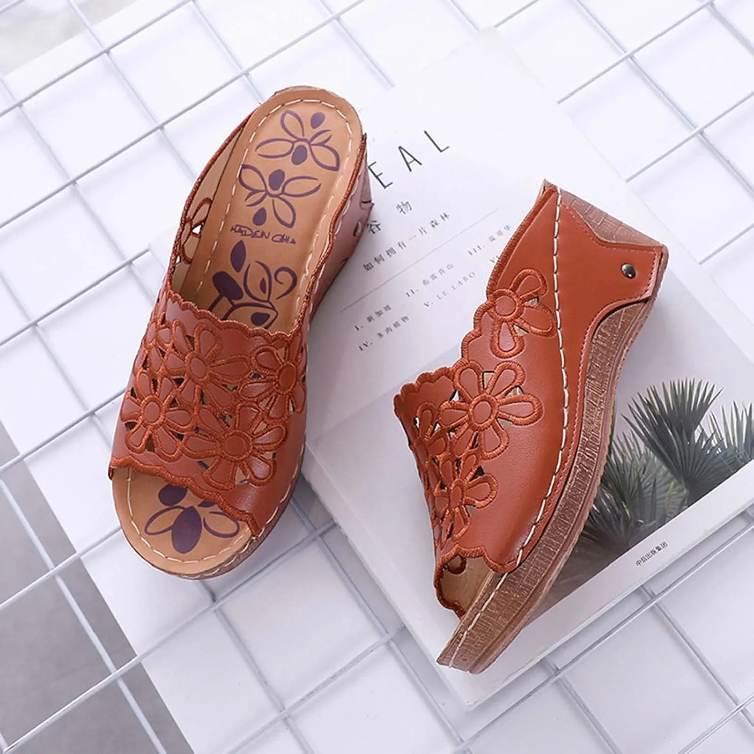 oiangi Wedge Sandals for Women Casual Summer Flower Hollow Open Toe Slip-on Platforms Slipper Comfortable Outdoor Ladies Shoes Flip Flops Sandalias