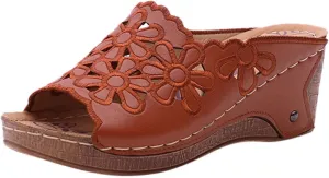 oiangi Wedge Sandals for Women Casual Summer Flower Hollow Open Toe Slip-on Platforms Slipper Comfortable Outdoor Ladies Shoes Flip Flops Sandalias