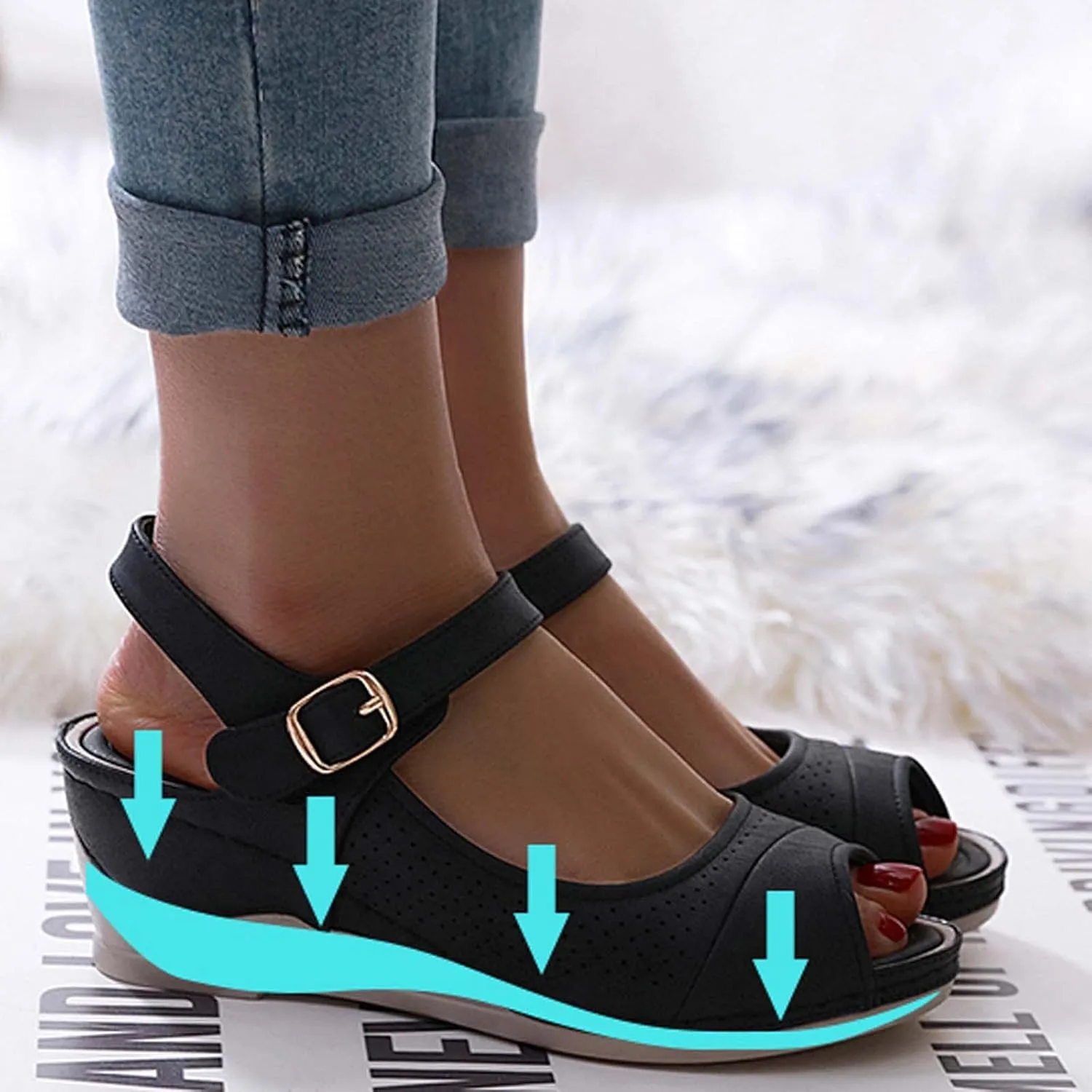 oiangi Women Sandals 2023 Summer Fashion Fish Mouth Open Toe Wedge Sandal Comfortable Ankle Straps Buckle Platform Sandalias Breathable Mesh Beach Shoes