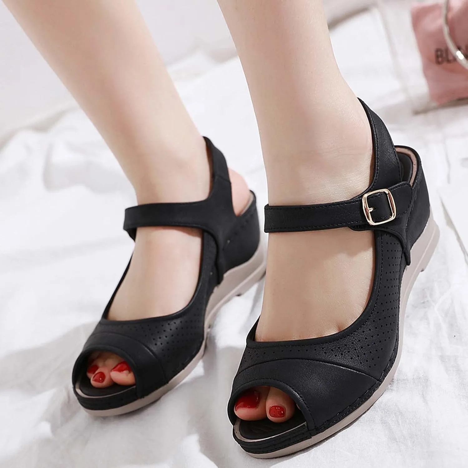 oiangi Women Sandals 2023 Summer Fashion Fish Mouth Open Toe Wedge Sandal Comfortable Ankle Straps Buckle Platform Sandalias Breathable Mesh Beach Shoes