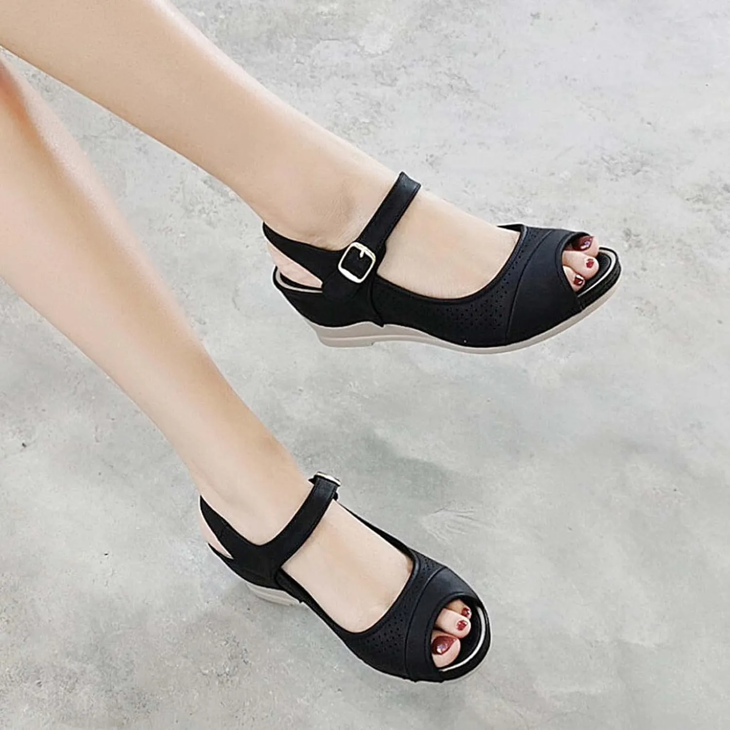 oiangi Women Sandals 2023 Summer Fashion Fish Mouth Open Toe Wedge Sandal Comfortable Ankle Straps Buckle Platform Sandalias Breathable Mesh Beach Shoes