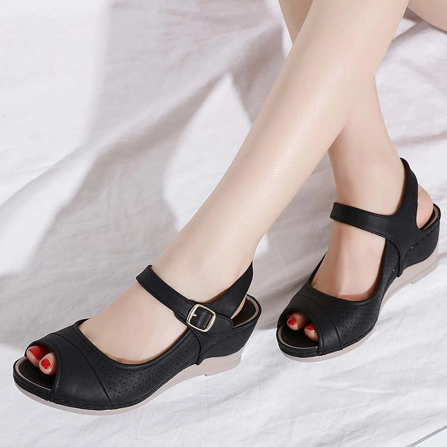 oiangi Women Sandals 2023 Summer Fashion Fish Mouth Open Toe Wedge Sandal Comfortable Ankle Straps Buckle Platform Sandalias Breathable Mesh Beach Shoes