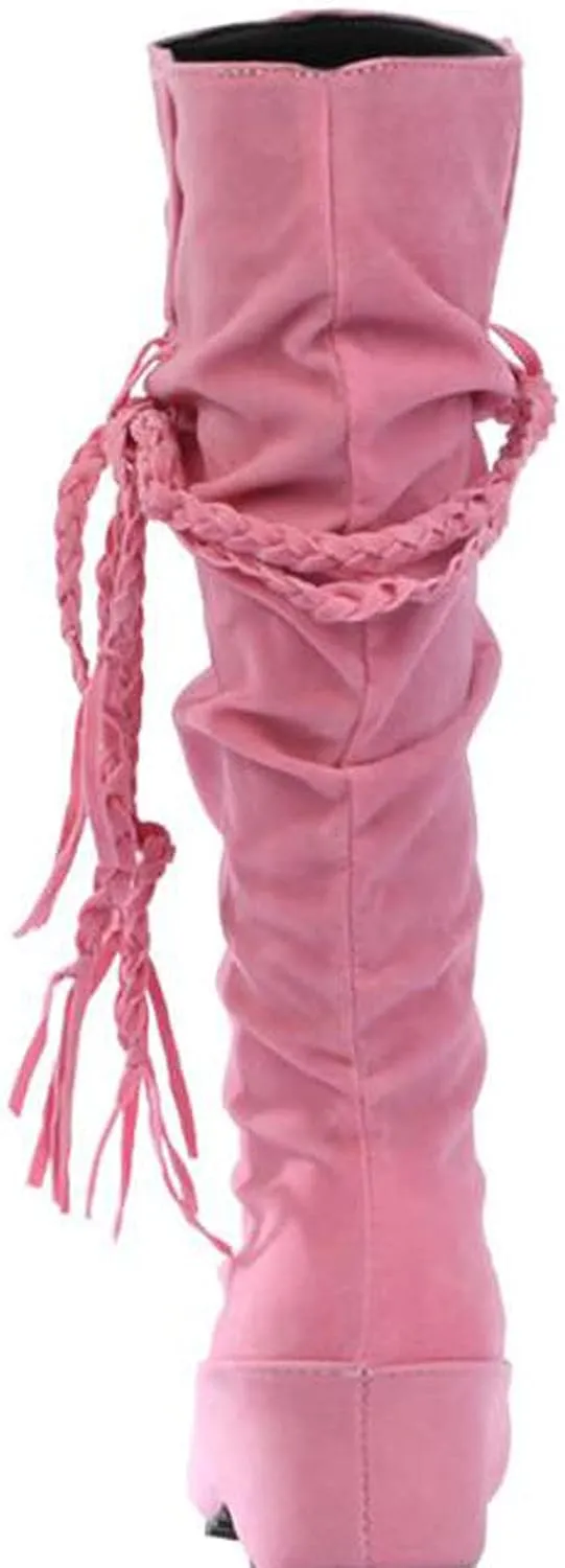 oiangi Womens Platform Knee High Boots - Winter Vintage Frosted Tassel Strap Round Toe Wedges Boots Retro Suede Comfortable Casual Non-slip Shoes