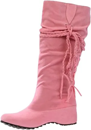 oiangi Womens Platform Knee High Boots - Winter Vintage Frosted Tassel Strap Round Toe Wedges Boots Retro Suede Comfortable Casual Non-slip Shoes