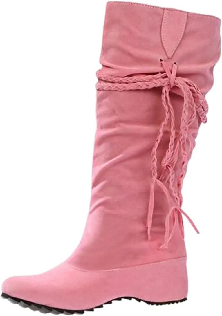 oiangi Womens Platform Knee High Boots - Winter Vintage Frosted Tassel Strap Round Toe Wedges Boots Retro Suede Comfortable Casual Non-slip Shoes