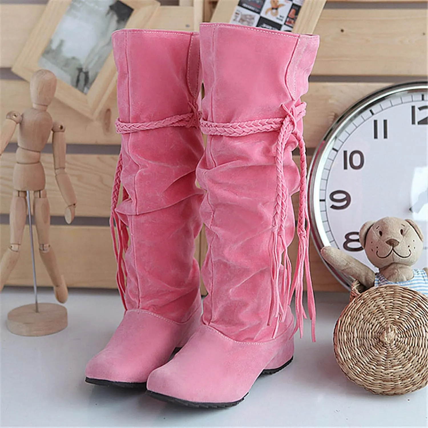 oiangi Womens Platform Knee High Boots - Winter Vintage Frosted Tassel Strap Round Toe Wedges Boots Retro Suede Comfortable Casual Non-slip Shoes