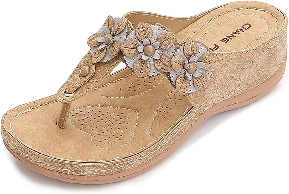 oiangi Women's Wedge Flip Flops Comfortable Casual Flower Thong Sandals Platform Outdoor Summer Beach Slippers