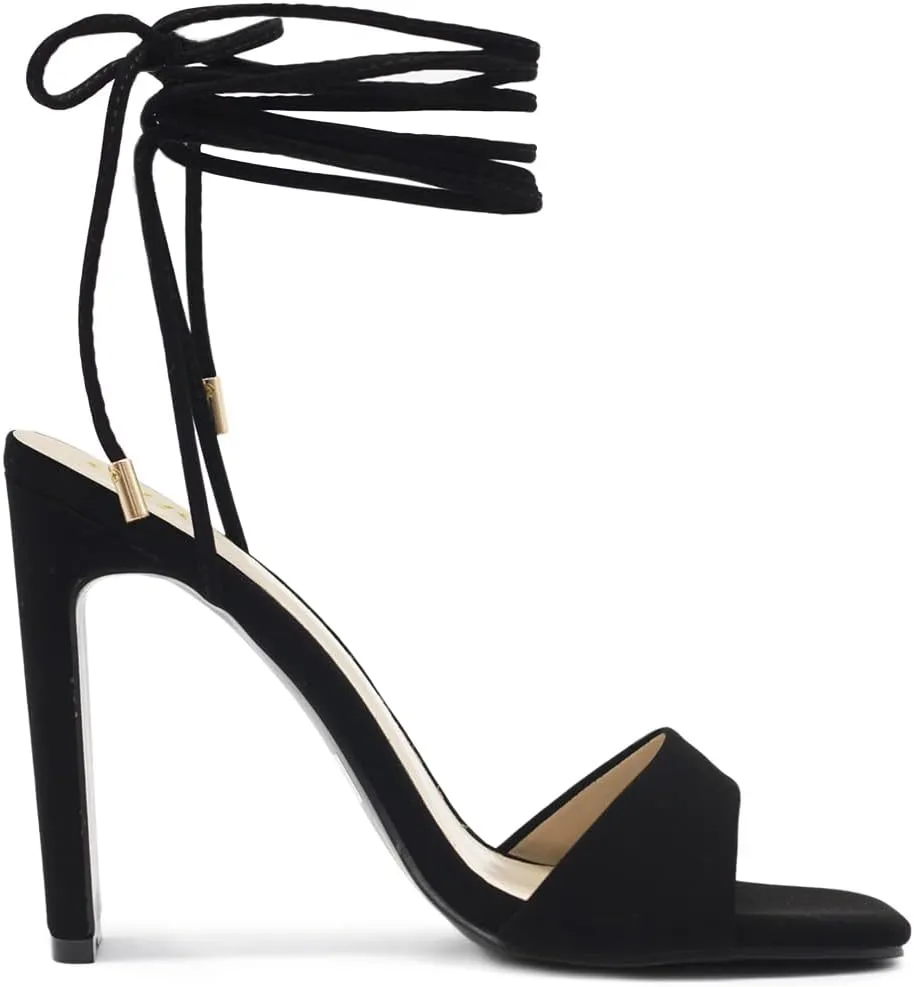 Ollio Women's Shoes Faux Nubuck or Faux Leather Strappy Tie Leg Open Toe Heeled Sandals SH175