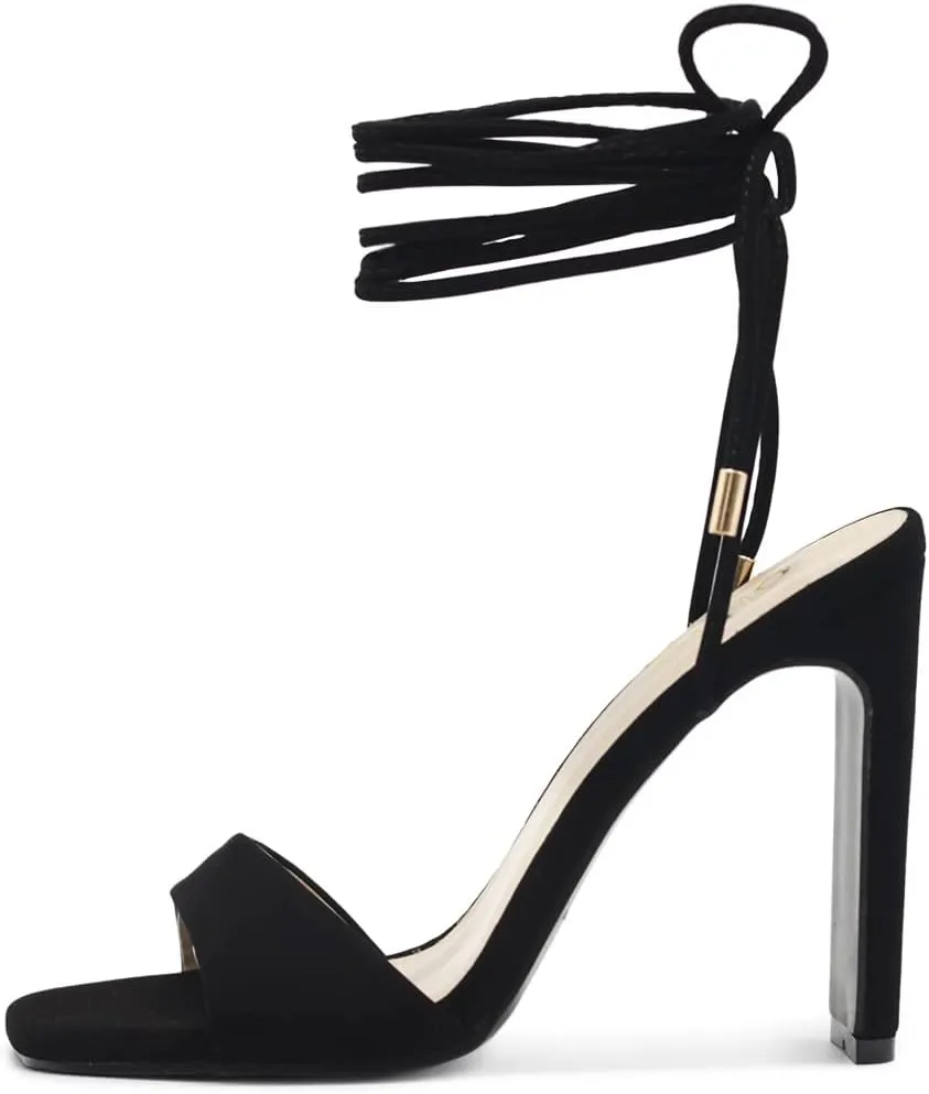 Ollio Women's Shoes Faux Nubuck or Faux Leather Strappy Tie Leg Open Toe Heeled Sandals SH175