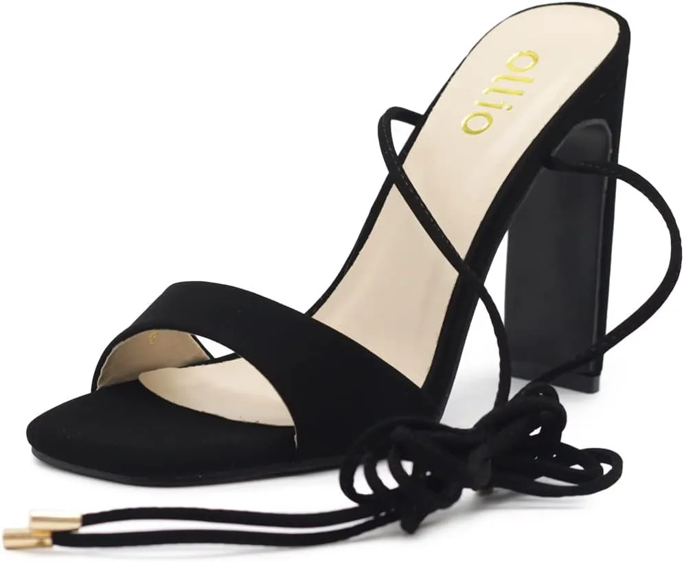 Ollio Women's Shoes Faux Nubuck or Faux Leather Strappy Tie Leg Open Toe Heeled Sandals SH175
