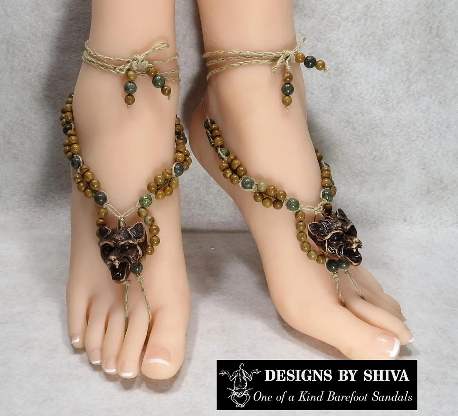 One of a Kind Brown Wolf with Brown and Green Stone Barefoot Sandals