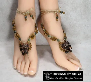 One of a Kind Brown Wolf with Brown and Green Stone Barefoot Sandals