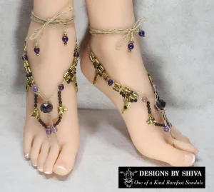 One of a Kind Gold Wolves & Drinking Horns with Purple Agate & Lava Gemstone Barefoot Sandals
