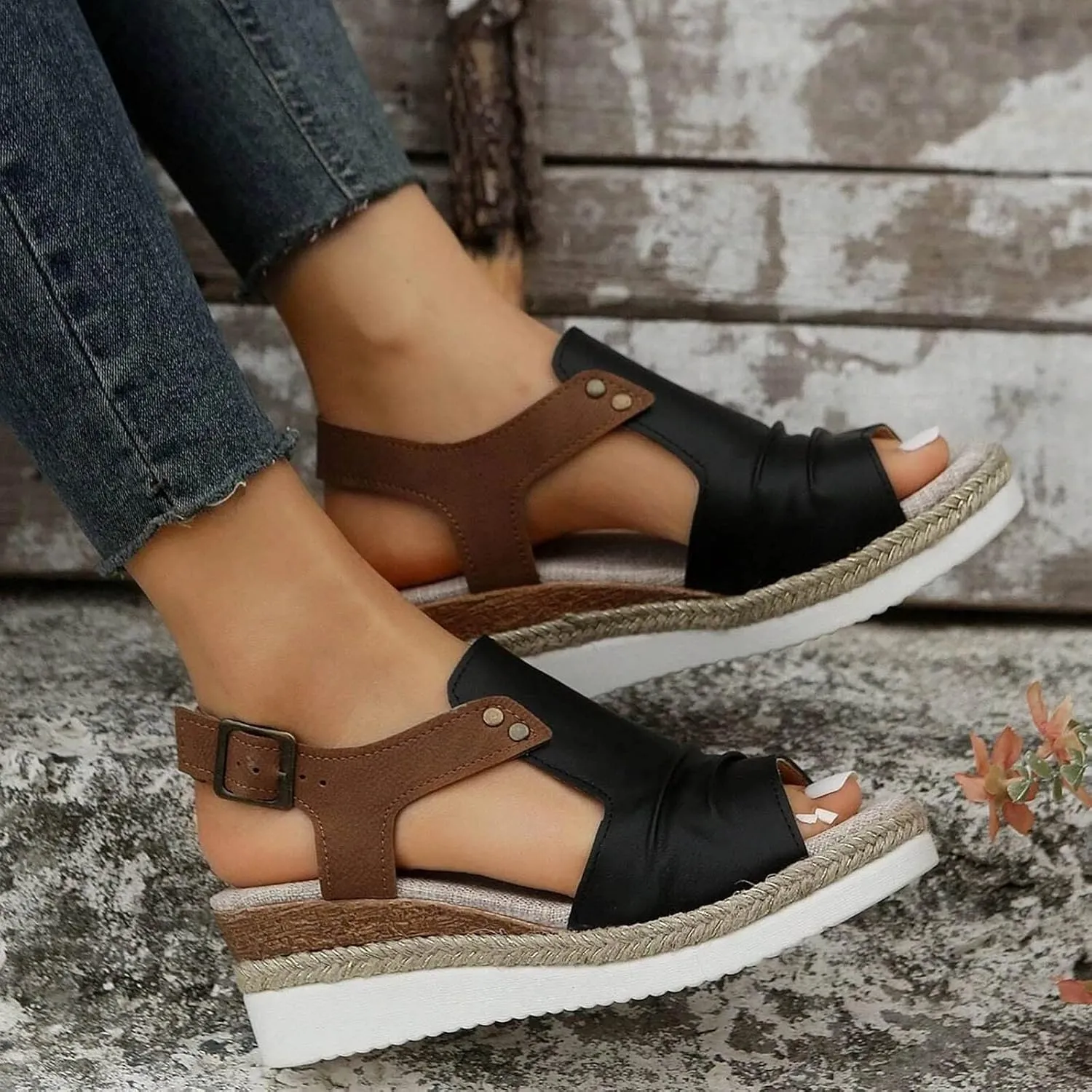 Orthopedic Platform Wedge Sandals for Women Summer Dressy Flat 2023 Open Toe Ankle Strap Espadrilles Sandals Casual Strappy Slip on Sandals Beach Boho Sandals Comfortable Outdoor Shoes (Black #2, 7)