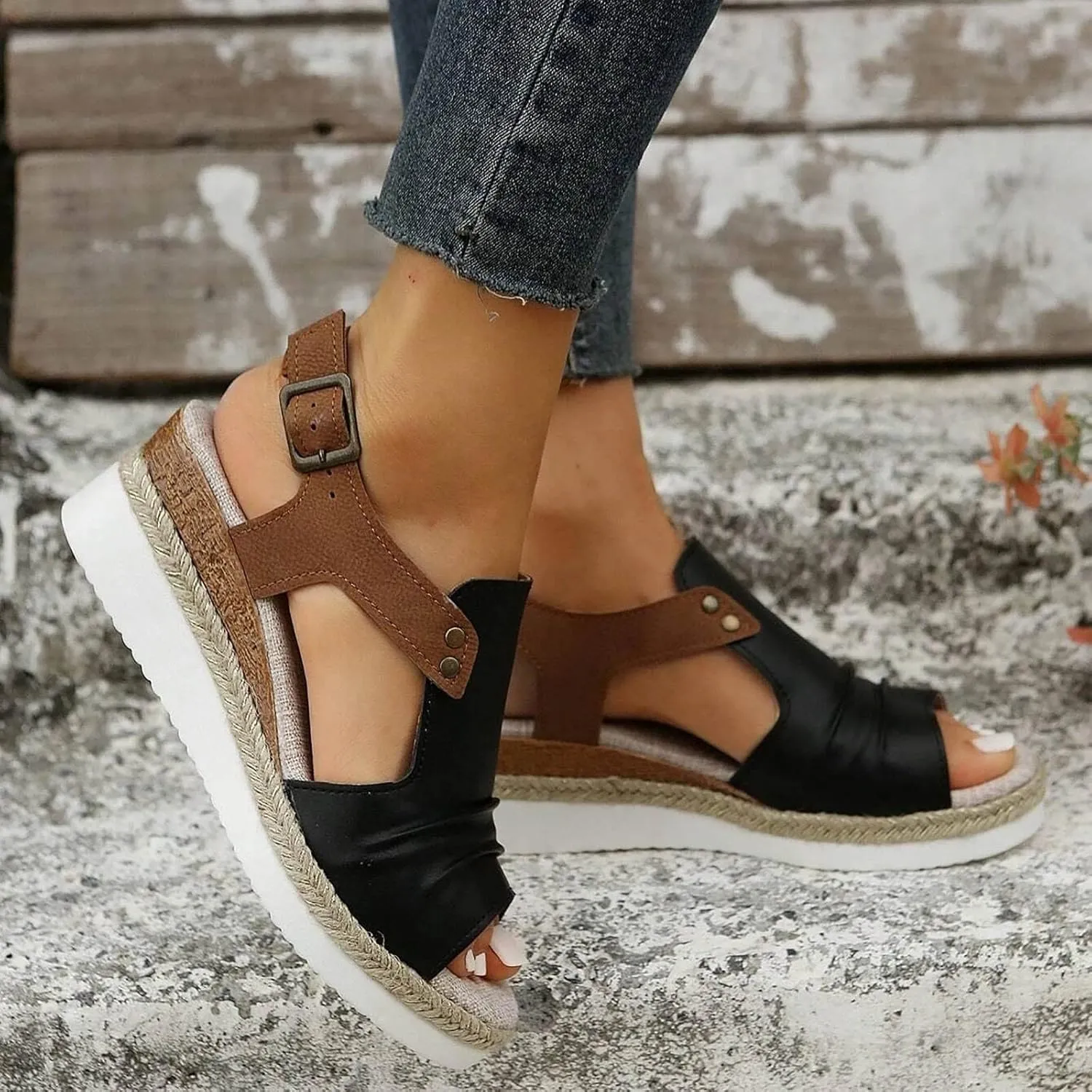 Orthopedic Platform Wedge Sandals for Women Summer Dressy Flat 2023 Open Toe Ankle Strap Espadrilles Sandals Casual Strappy Slip on Sandals Beach Boho Sandals Comfortable Outdoor Shoes (Black #2, 7)