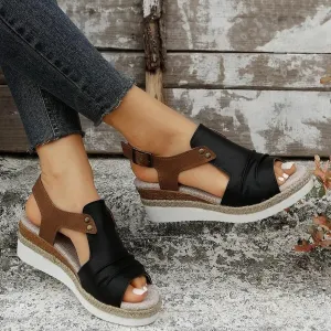 Orthopedic Platform Wedge Sandals for Women Summer Dressy Flat 2023 Open Toe Ankle Strap Espadrilles Sandals Casual Strappy Slip on Sandals Beach Boho Sandals Comfortable Outdoor Shoes (Black #2, 7)